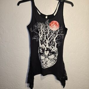 Dressfo Skull Tree Red Moon Tank Top Size 6 Womens Black Lace Side Grunge